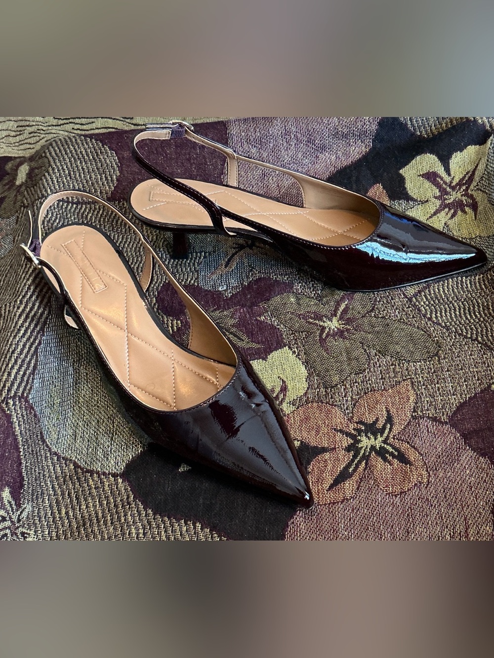 Kitten Heel Pointed Toe Slingback Pumps in Deep Burgundy Patent~Box
